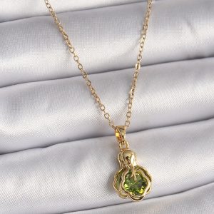 316L Çelik Gold Renk Zincir Yeşil Zirkon Taşlı Vintage Model Kadın Kolye - Görsel 1