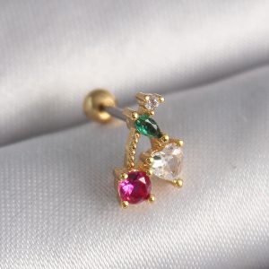 316L Çelik Gold Renk Zirkon Taşlı Kiraz Tragus Piercing - Görsel 1