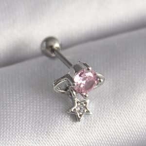 316L Çelik Gümüş Renk Pembe Zirkon Taşlı Sallantı Yıldız Detay Tragus Piercing