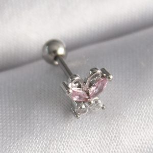 316L Çelik Gümüş Renk Pembe Zirkon Taşlı Kelebek Tragus Piercing - Görsel 1