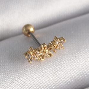 316L Çelik Gold Renk Zirkon Taşlı Çiçek Tragus Piercing - Görsel 1