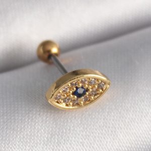 316L Çelik Gold Renk Zirkon Taşlı Göz Tragus Piercing - Görsel 1