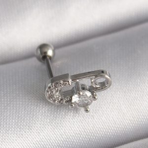 316L Çelik Gümüş Renk Zirkon Taşlı Toplu İğne Tragus Piercing - Görsel 1