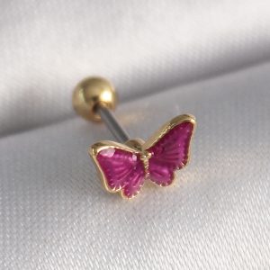316L Çelik Gümüş Renk Pembe Kelebek Model Tragus Piercing - Görsel 1