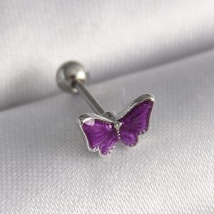316L Çelik Gümüş Renk Mor Kelebek Model Tragus Piercing - Görsel 1
