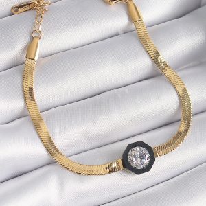 316L Çelik Gold Renk Zirkon Taşlı İtalyan Zincir Model Kadın Bileklik - Görsel 1