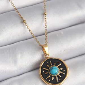 316L Çelik Gold Renk Mavi Boncuk Güneş İşleme Madalyon Model Kadın Kolye - Görsel 1