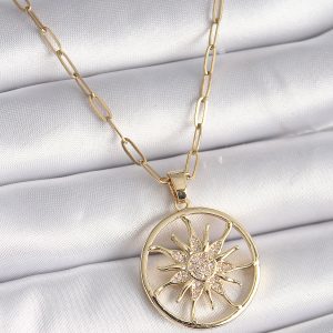 316L Çelik Gold Renk Zirkon Taşlı Güneş Madalyon Model Kadın Kolye - Görsel 1