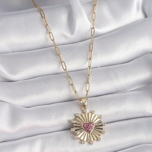 316L Çelik Gold Renk Pembe Zirkon Taşlı Kalp İşleme Madalyon Model Kadın Kolye - Görsel 2