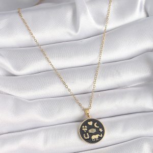 316L Çelik Gold Renk Siyah Şans Kolyesi - Görsel 2