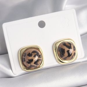 Pirinç Gold Renk Kare Kaplan Desen Kadın Küpe - Görsel 1