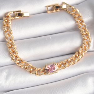 Pirinç Gold Renk Pembe Kare Zirkon Taşlı VIP Seri Kadın Bileklik - Görsel 1