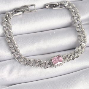 Pirinç Gümüş Renk Pembe Kare Zirkon Taşlı VIP Seri Kadın Bileklik - Görsel 1