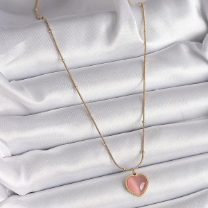 316L Çelik Gold Renk Pembe Kedi Gözü Sedefli Kalp Model Kadın Kolye - Görsel 2