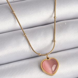 316L Çelik Gold Renk Pembe Kedi Gözü Sedefli Kalp Model Kadın Kolye - Görsel 1