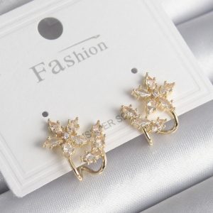 Pirinç Gold Renk Zirkon Taşlı Çiçek Model Kadın Küpe - Görsel 1