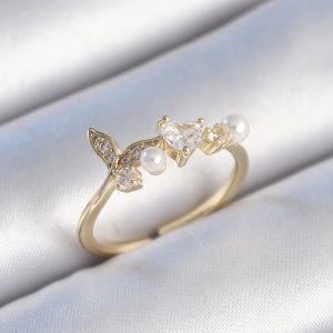Pirinç Gold Renk Zirkon Taşlı Kalp Yaprak Model İnci Detay Kadın Yüzük - Görsel 1