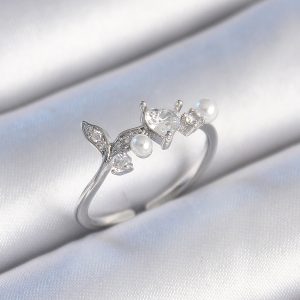 Pirinç Gümüş Renk Zirkon Taşlı Kalp Yaprak Model İnci Detay Kadın Yüzük - Görsel 1
