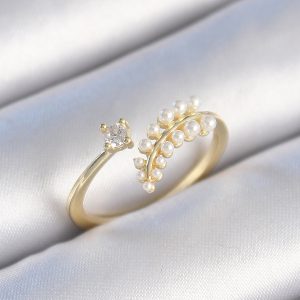 Pirinç Gold Renk Zirkon Taşlı İncili Yaprak Model Kadın Yüzük - Görsel 1