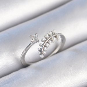 Pirinç Gümüş Renk Zirkon Taşlı İncili Yaprak Model Kadın Yüzük - Görsel 1
