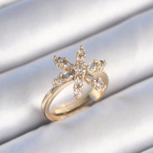 Pirinç Gold Renk Zirkon Taşlı Çiçek Model Kadın Yüzük - Görsel 1