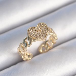 Pirinç Gold Renk Zincir Kordon Zirkon Taşlı Kalp Model Kadın Yüzük - Görsel 1