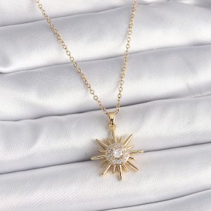 316L Çelik Gold Renk Zincir Zirkon Taşlı Güneş Model Kadın Kolye - Görsel 1