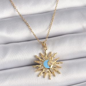 316L Çelik Gold Renk Zincir Zirkon Taşlı Güneş Model Mavi Ay İşleme Kadın Kolye - Görsel 1