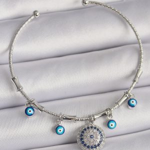 Pirinç Gümüş Renk Sallantı Zirkon Taşlı Nazar Boncuk Figür Charm Bileklik - Görsel 1