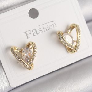 Pirinç Gold Renk Zirkon Taşlı Kalp Model Kadın Küpe - Görsel 1