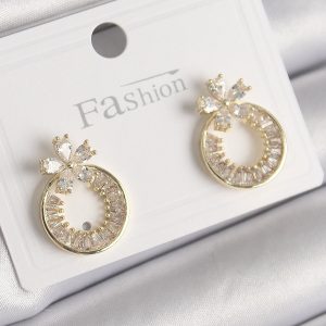 Pirinç Gold Renk Zirkon Taşlı Halka Model Çiçek Figür Kadın Küpe - Görsel 1
