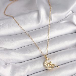 316L Çelik Gold Renk Zincir Zirkon Taşlı Peri Figür Kadın Kolye - Görsel 2