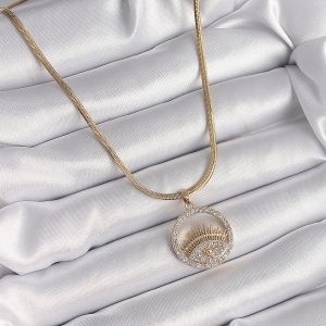 316L Çelik Gold Renk İtalyan Zincir Zirkon Taşlı Göz Model Kadın Kolye - Görsel 2
