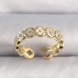 Pirinç Gold Renk Beyaz Sedefli Yonca Model Kadın Yüzük - Görsel 1