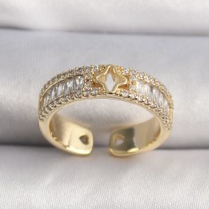 Pirinç Gold Renk Zirkon Taşlı Yıldız İşleme VIP Seri Kadın Yüzük - Görsel 1
