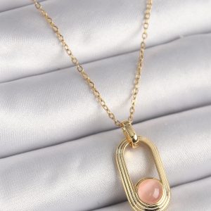 316L Çelik Gold Renk Pembe Kedi Göz Model Kadın Kolye - Görsel 1