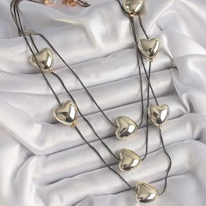 Pirinç Füme Renk Zincir 3D Gold Renk Kalp Model Kadın Kolye - Görsel 2