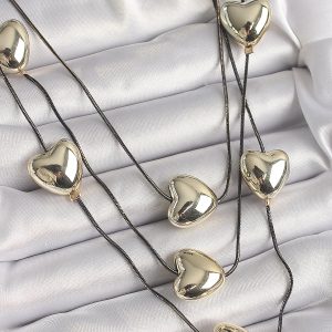 Pirinç Füme Renk Zincir 3D Gold Renk Kalp Model Kadın Kolye - Görsel 1