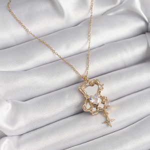 316L Çelik Gold Renk Zincir Ayna Ayıcık Model Zirkon Taşlı Kalp Model Kadın Kolye - Görsel 2