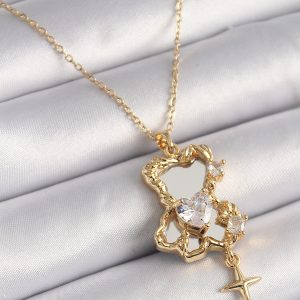 316L Çelik Gold Renk Zincir Ayna Ayıcık Model Zirkon Taşlı Kalp Model Kadın Kolye - Görsel 1