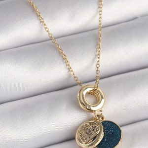 316L Çelik Gold Renk Zincir Zirkon Taşlı Kalp Model Mavi Simli Kadın Kolye - Görsel 1