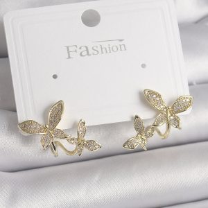 Pirinç Gold Renk Zirkon Taşlı Kelebek Model Kadın Küpe - Görsel 1
