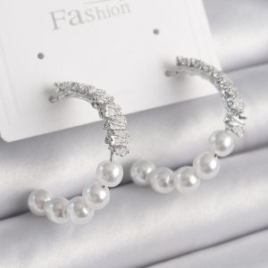 Pirinç Gümüş Renk Zirkon Taşlı İncili Halka Model Kadın Küpe - Görsel 1