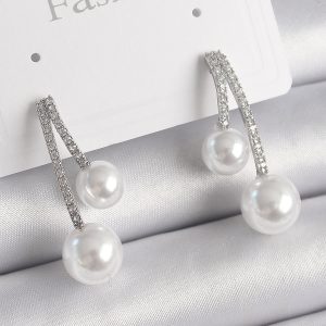 Pirinç Gümüş Renk Zirkon Taşlı Dal Model İncili Kadın Küpe - Görsel 1