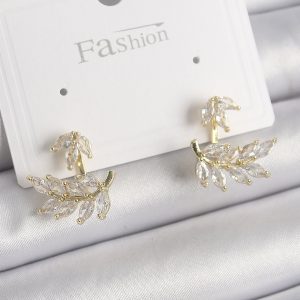 Pirinç Gold Renk Zirkon Taşlı Yaprak Model Kadın Küpe - Görsel 1