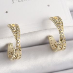 Pirinç Gold Renk Zirkon Taşlı Sarmal Halka Model Kadın Küpe - Görsel 1