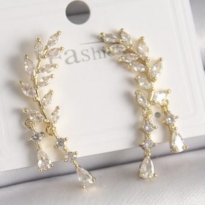 Pirinç Gold Renk Zirkon Taşlı Başak Model Kadın Küpe - Görsel 1