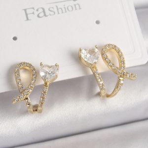 Pirinç Gold Renk Düğüm Model Zirkon Taşlı Kalp Detay Kadın Küpe - Görsel 1