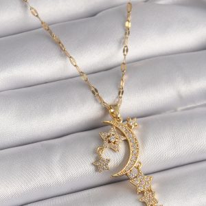 316L Çelik Gold Renk Zincir Zirkon Taşlı Hilal Yıldız Figür Sallantı Detay Kadın Kolye - Görsel 1