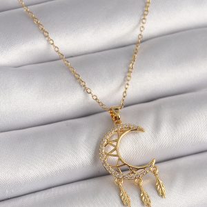 316L Çelik Gold Renk Zincir Zirkon Taşlı Hilal Model Sallantı Yaprak Detay Kadın Kolye - Görsel 1